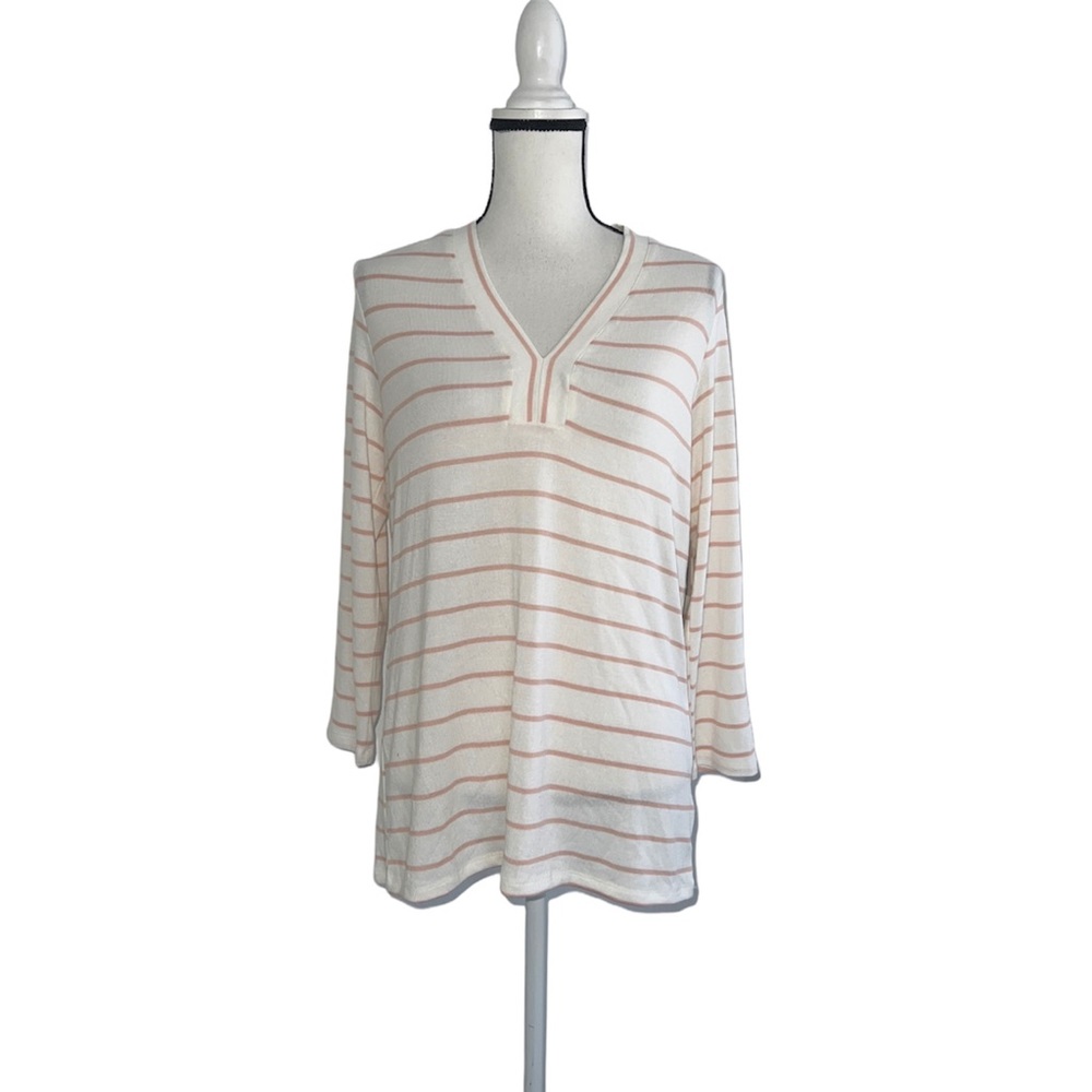 IMNYC Isaac Mizrahi Pink & White Long Sleeve V-Neck Size M Light Weight Sweater